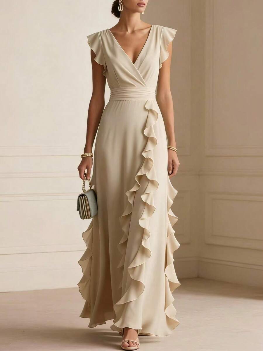 Margaux | Ruffle Detail Wrap V-Neck Maxi Dress