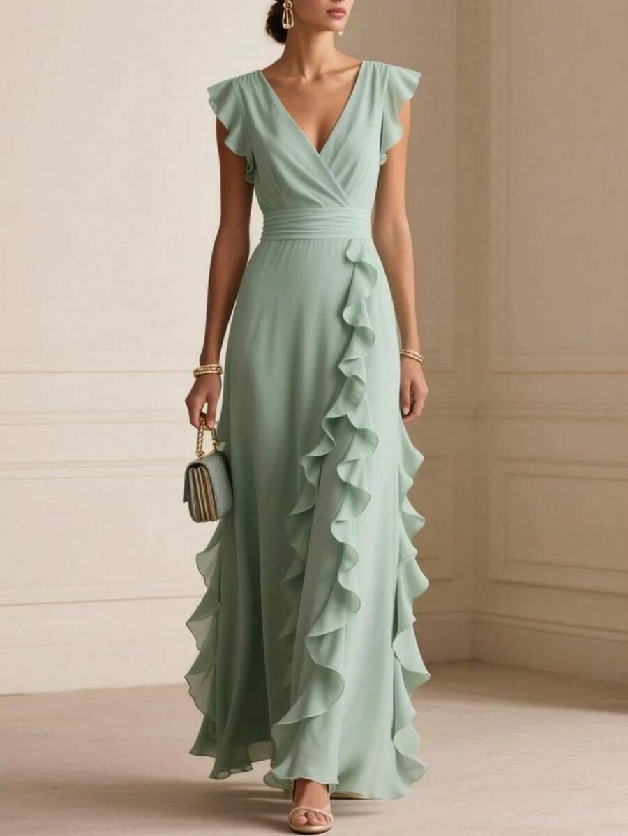 Margaux | Ruffle Detail Wrap V-Neck Maxi Dress