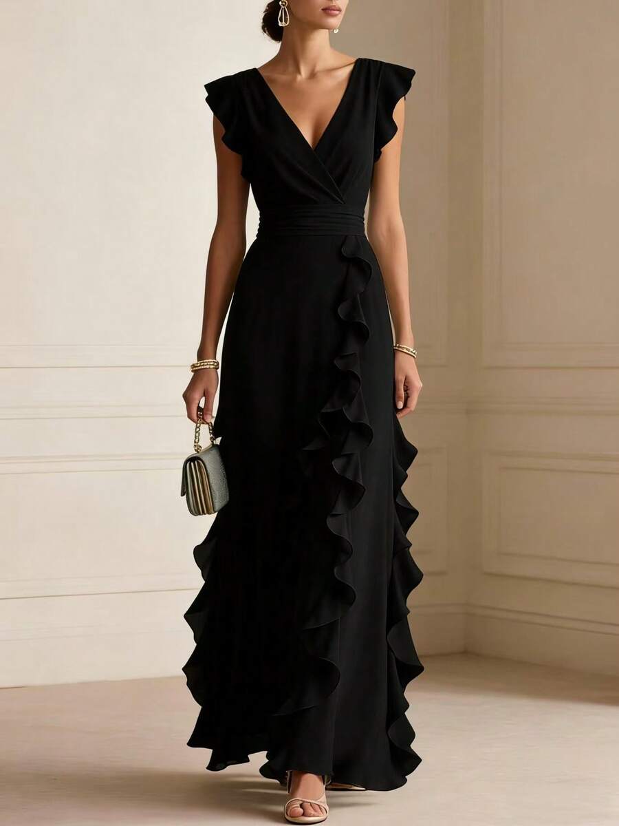 Margaux | Ruffle Detail Wrap V-Neck Maxi Dress