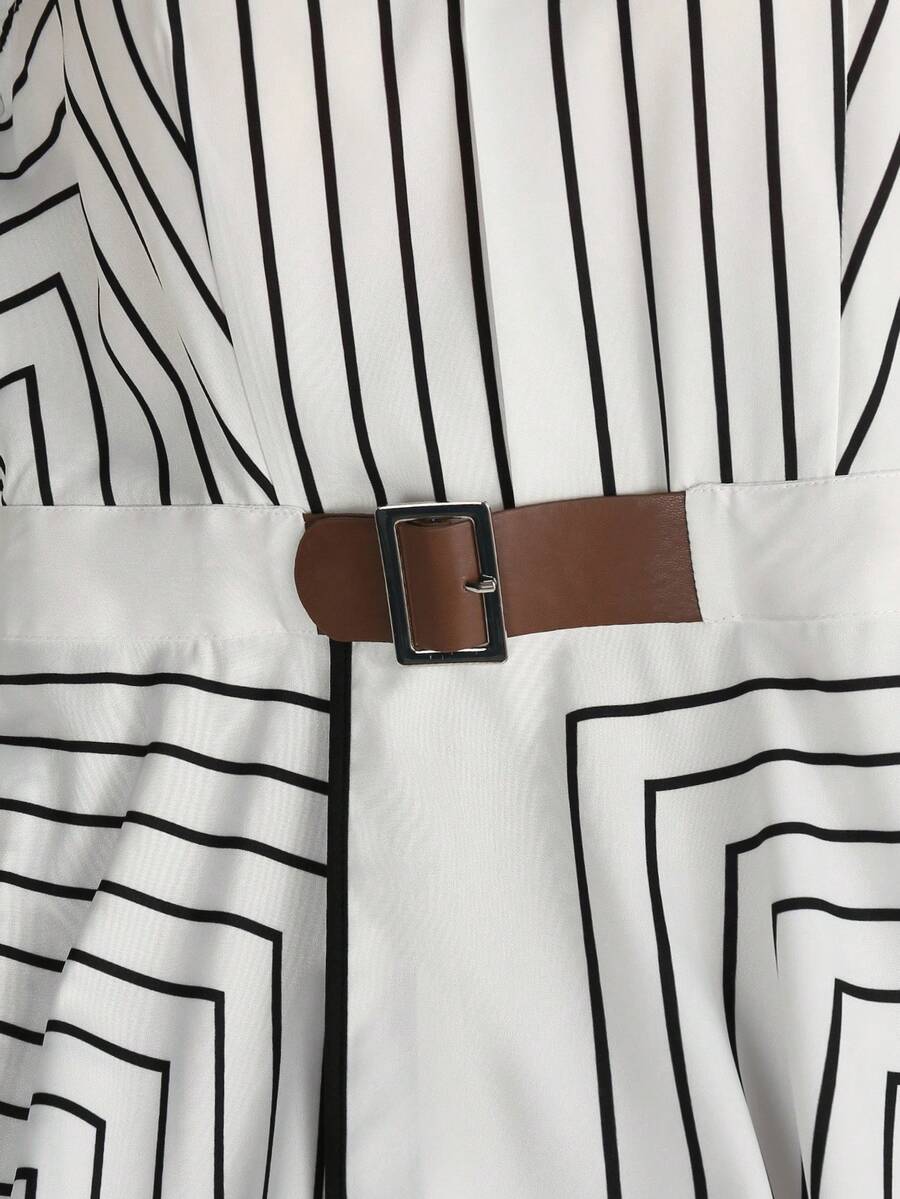 Adele | Geometric Striped Belted Shirt Dress`