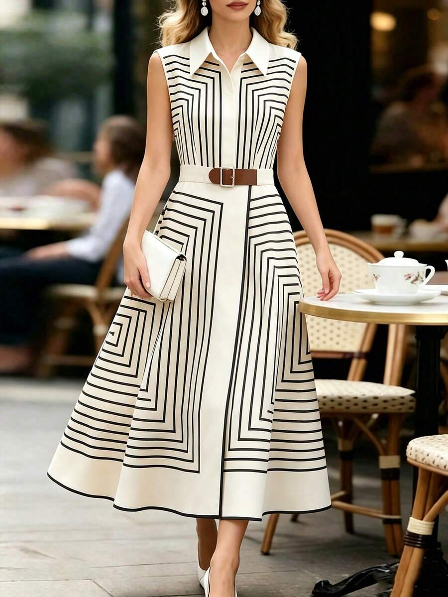 Adele | Geometric Striped Belted Shirt Dress`