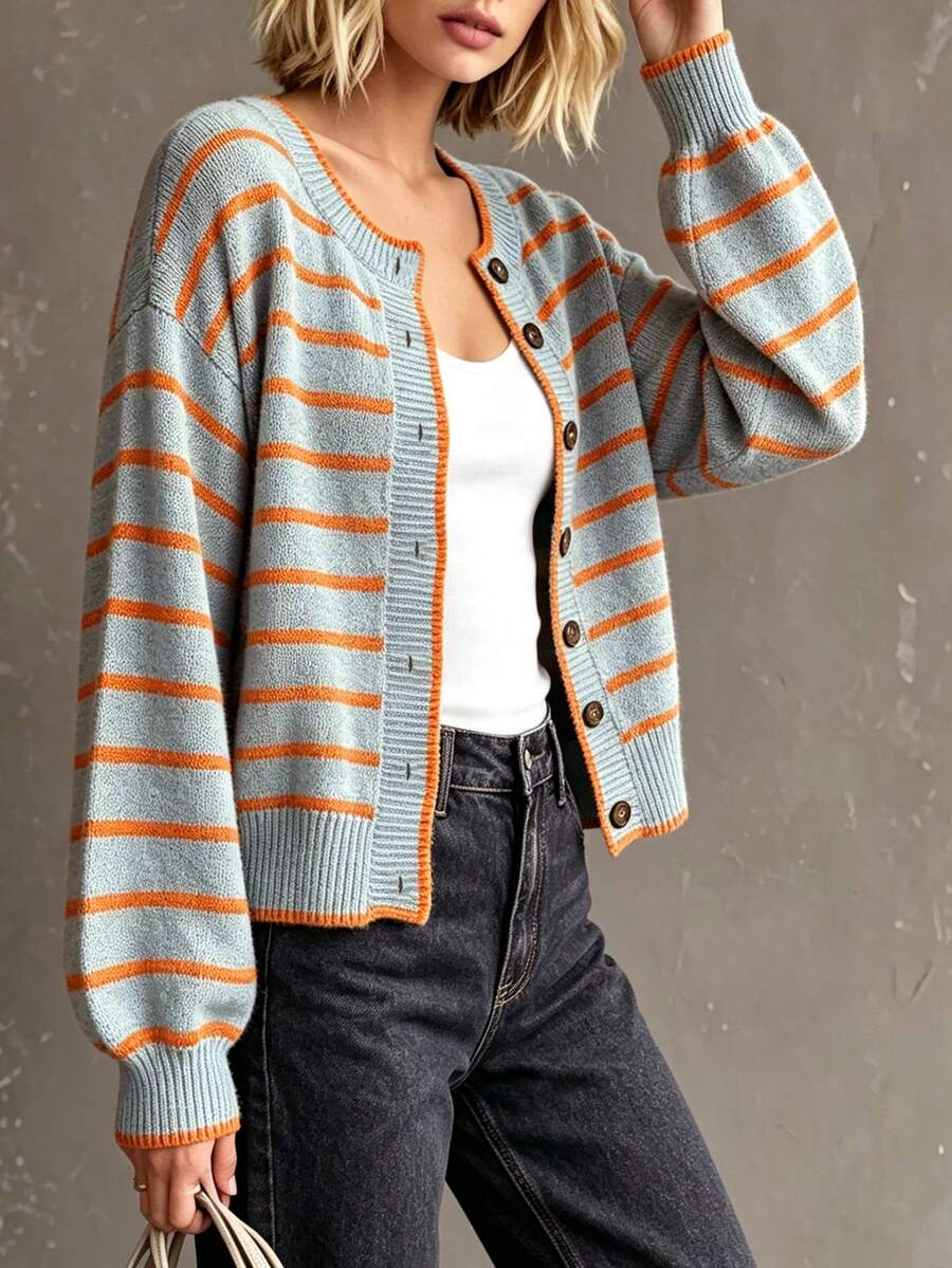Rylee | Round Neck Striped Button Front Cardigan, Cozy Fall Winter Knit