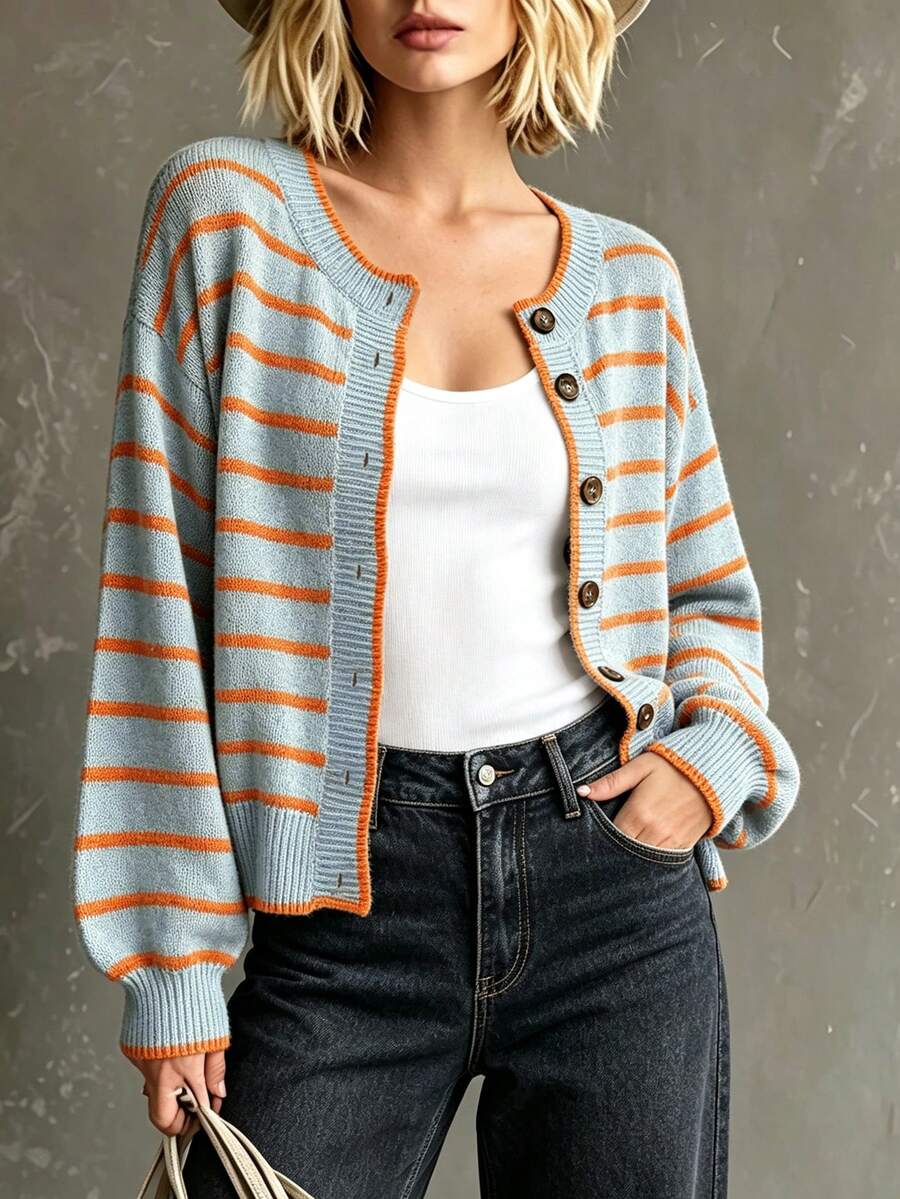 Rylee | Round Neck Striped Button Front Cardigan, Cozy Fall Winter Knit
