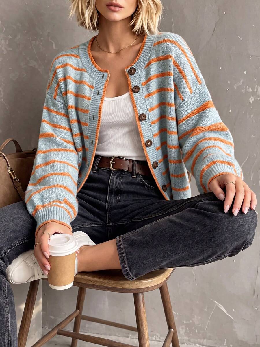 Rylee | Round Neck Striped Button Front Cardigan, Cozy Fall Winter Knit