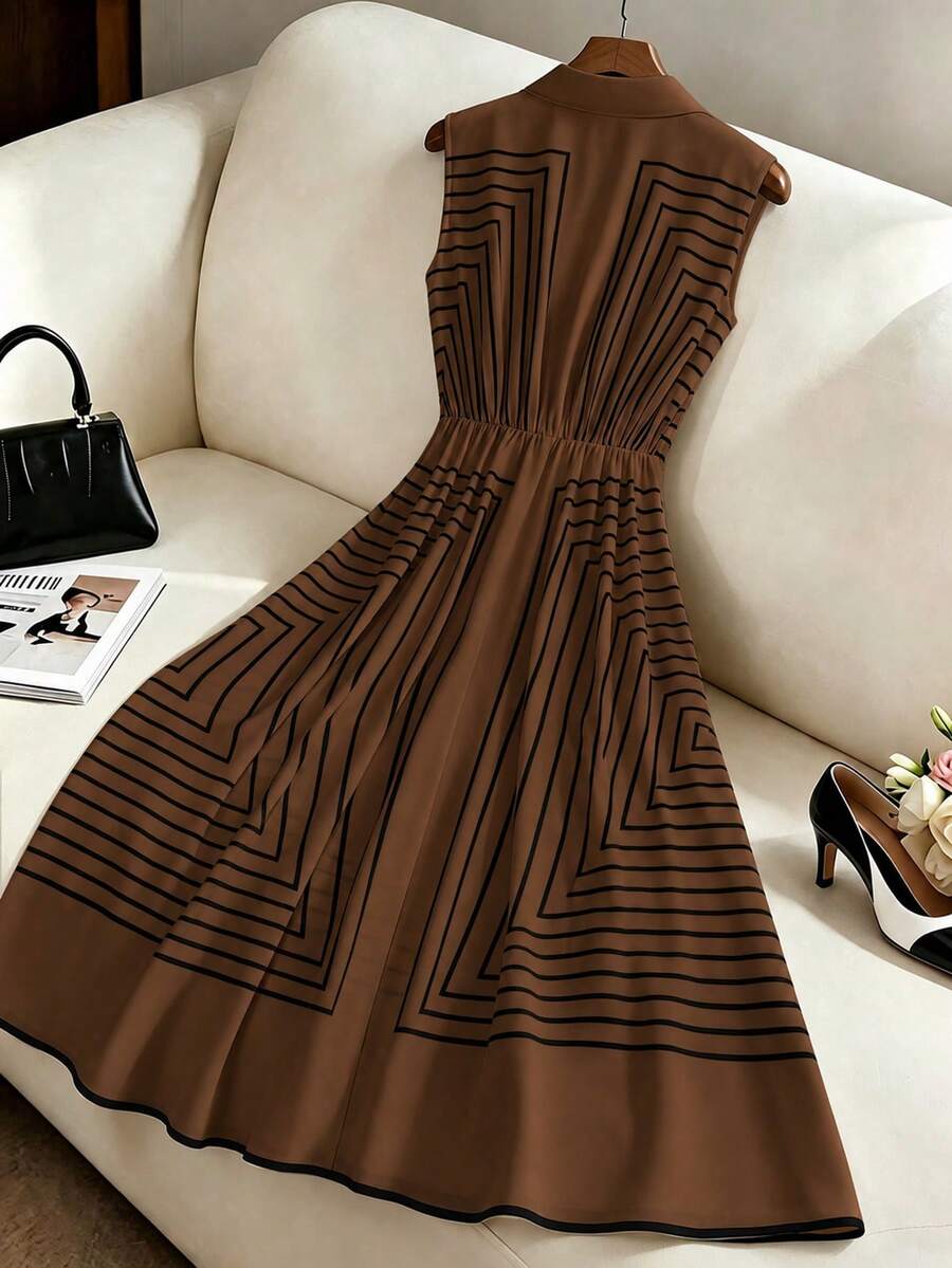 Adele | Geometric Striped Belted Shirt Dress`