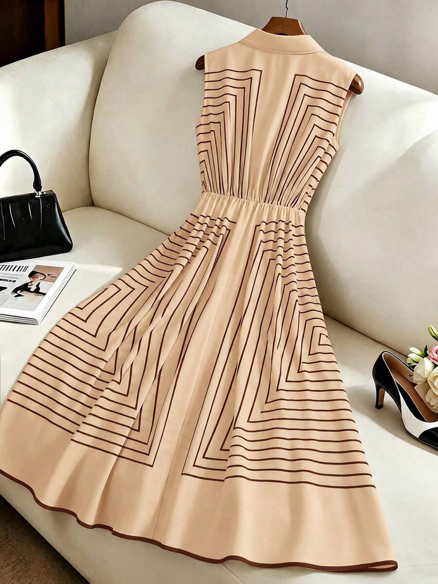 Adele | Geometric Striped Belted Shirt Dress`