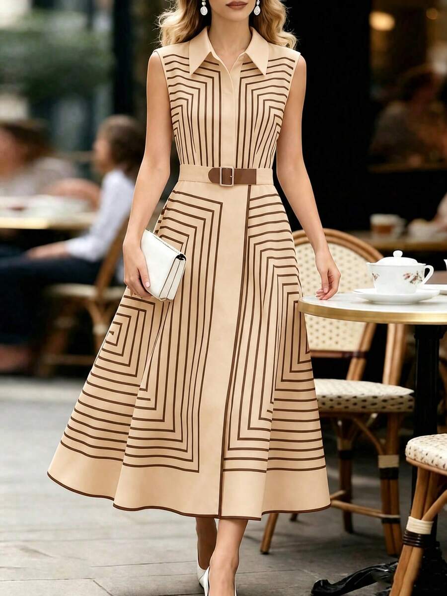 Adele | Geometric Striped Belted Shirt Dress`