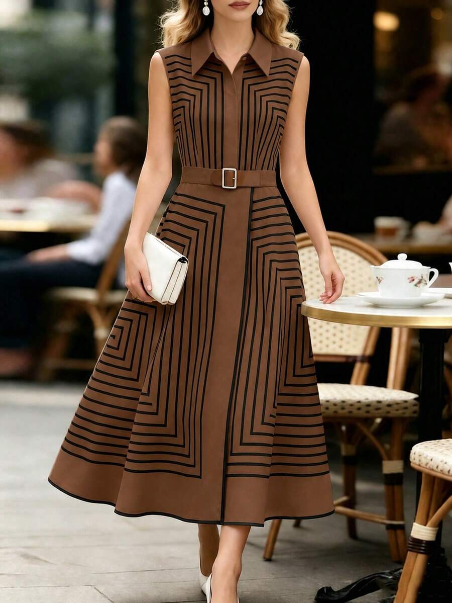 Adele | Geometric Striped Belted Shirt Dress`