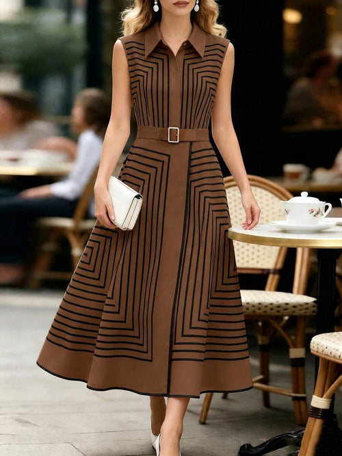 Adele | Geometric Striped Belted Shirt Dress`
