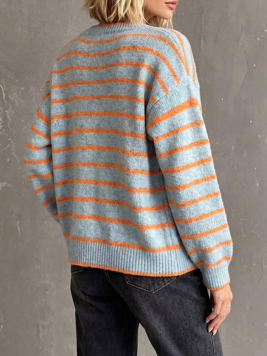 Rylee | Round Neck Striped Button Front Cardigan, Cozy Fall Winter Knit
