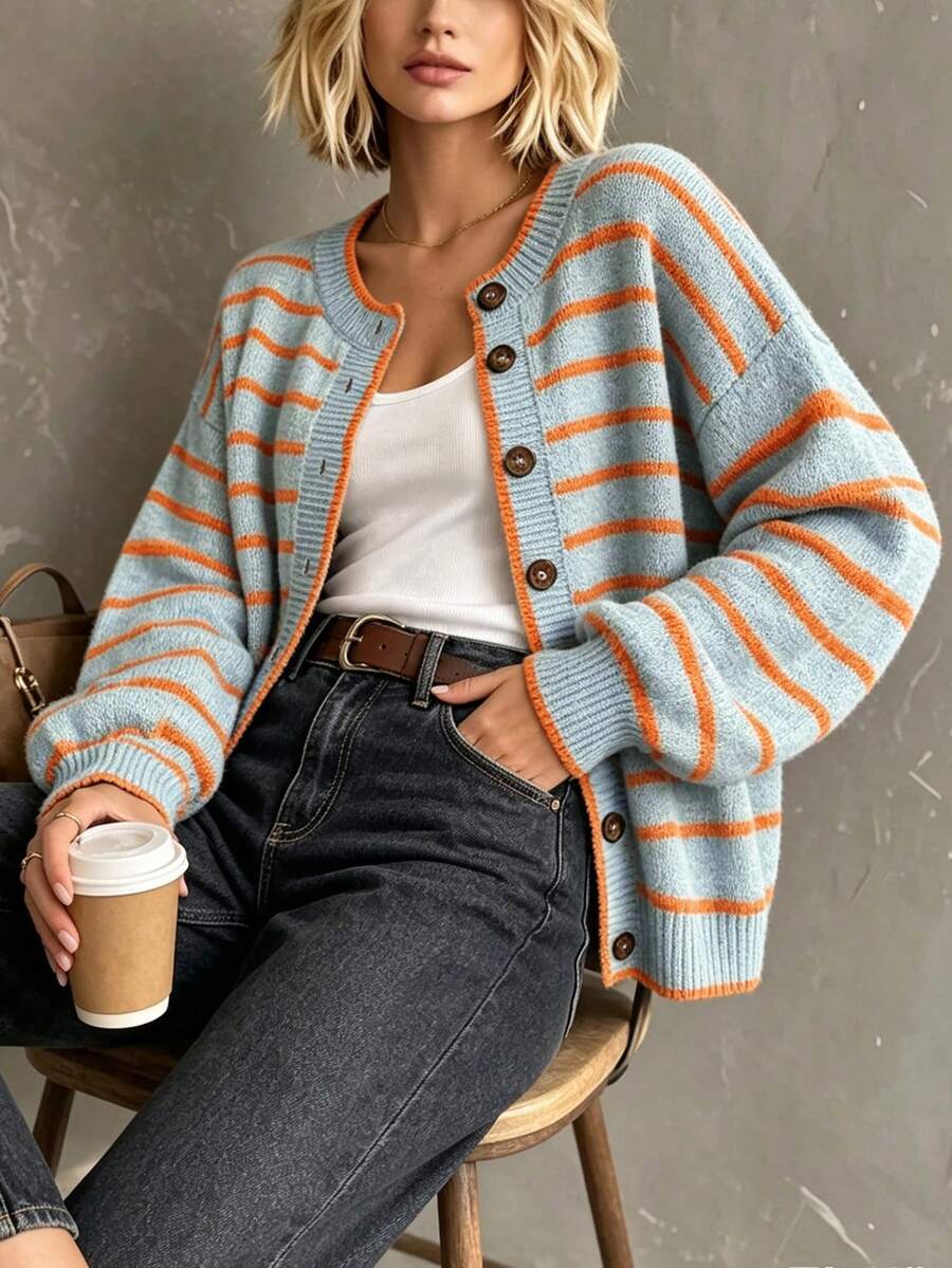 Rylee | Round Neck Striped Button Front Cardigan, Cozy Fall Winter Knit