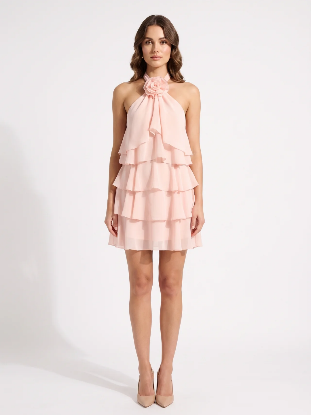 Clementine | Halter Rosette Ruffle Tiered Mini Dress