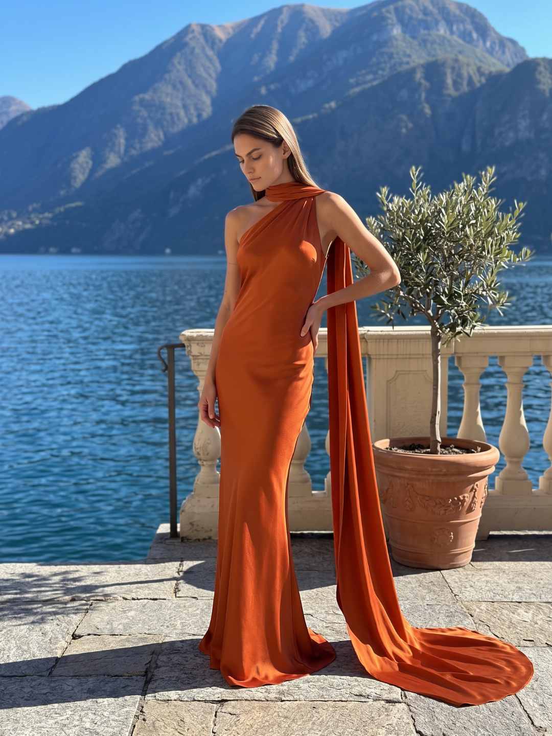 Anouk | Scarf Halter One Shoulder Satin Maxi Dress