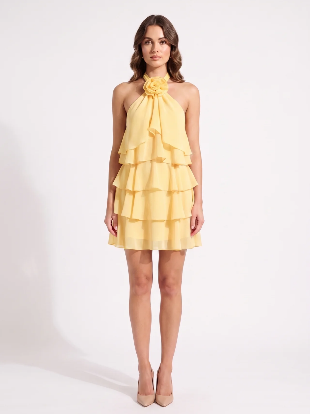 Clementine | Halter Rosette Ruffle Tiered Mini Dress