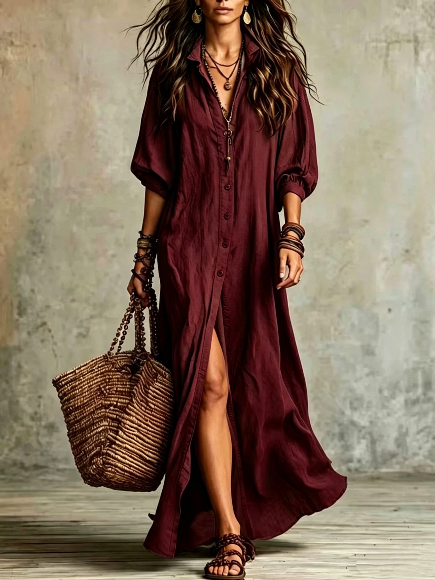 Alina | Lapel Front-Slit Button Maxi Dress