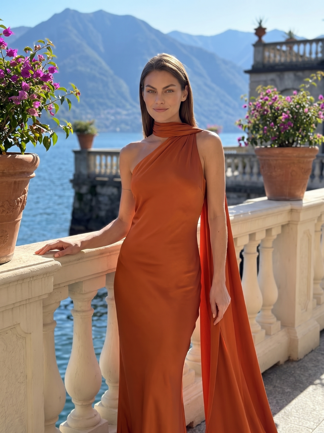 Anouk | Scarf Halter One Shoulder Satin Maxi Dress