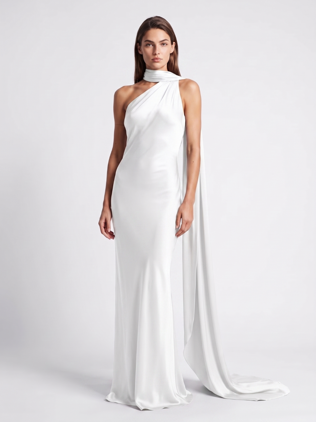 Anouk | Scarf Halter One Shoulder Satin Maxi Dress