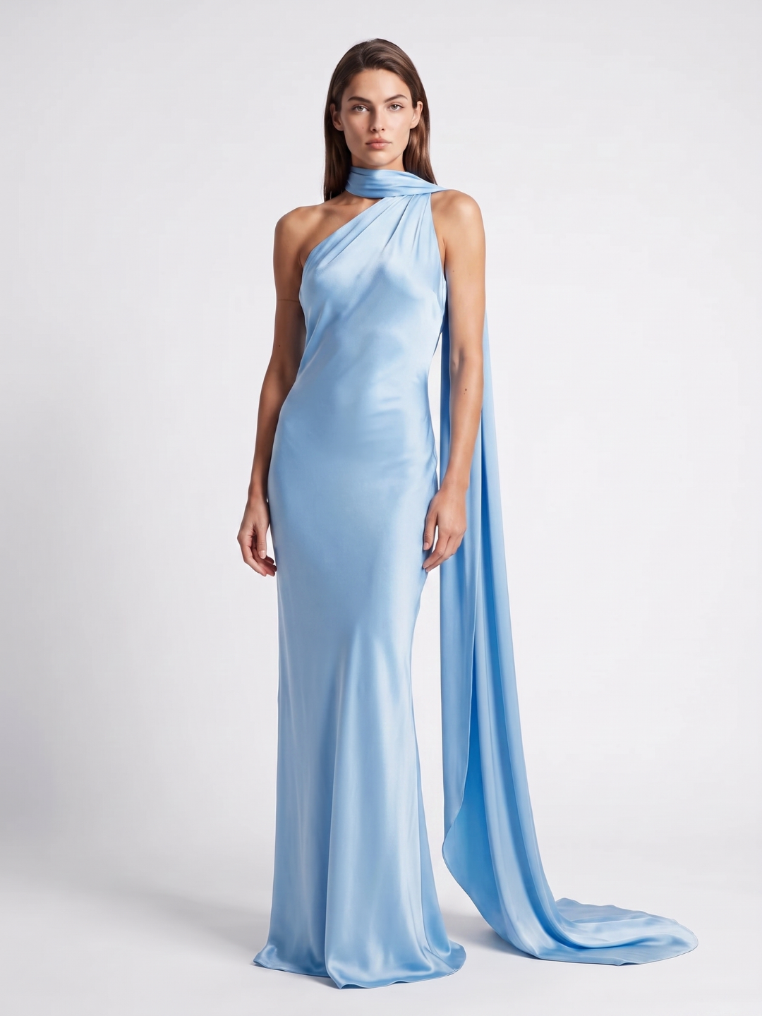 Anouk | Scarf Halter One Shoulder Satin Maxi Dress