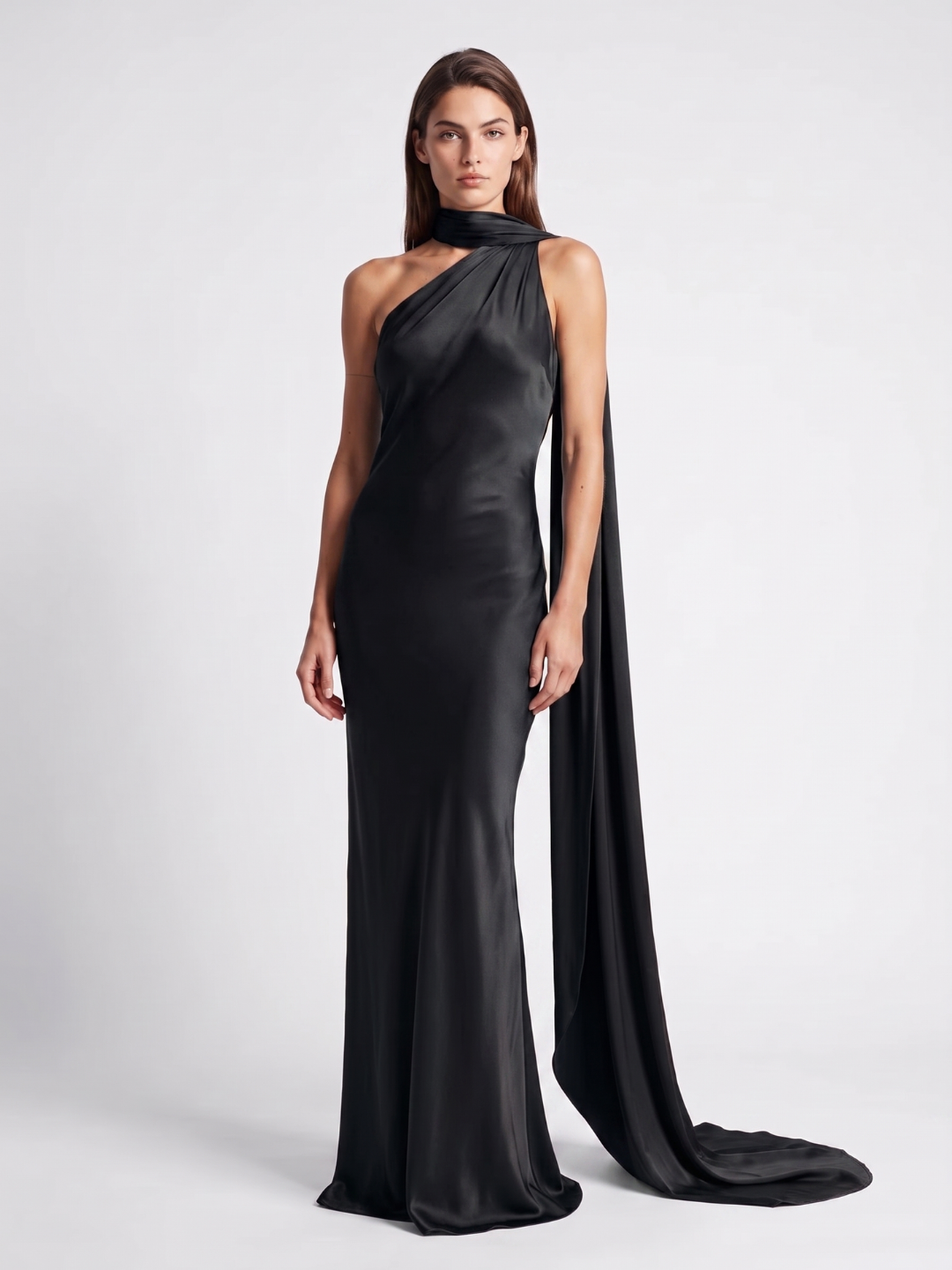 Anouk | Scarf Halter One Shoulder Satin Maxi Dress