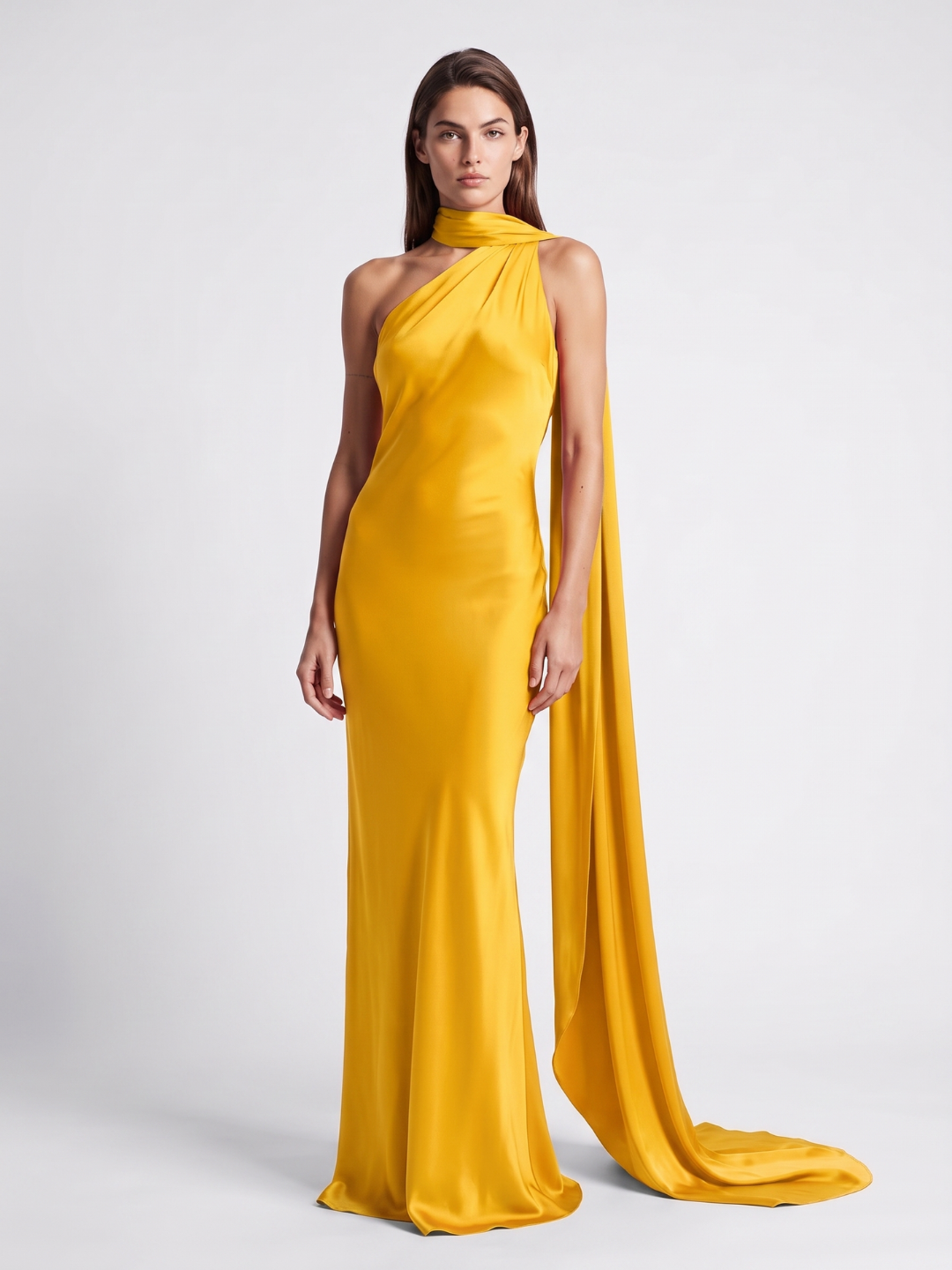 Anouk | Scarf Halter One Shoulder Satin Maxi Dress