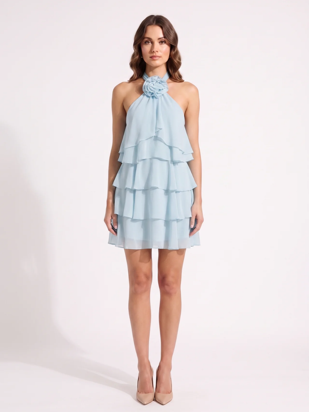 Clementine | Halter Rosette Ruffle Tiered Mini Dress
