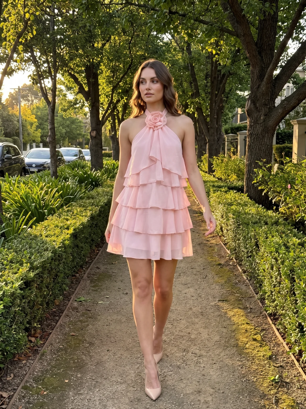 Clementine | Halter Rosette Ruffle Tiered Mini Dress