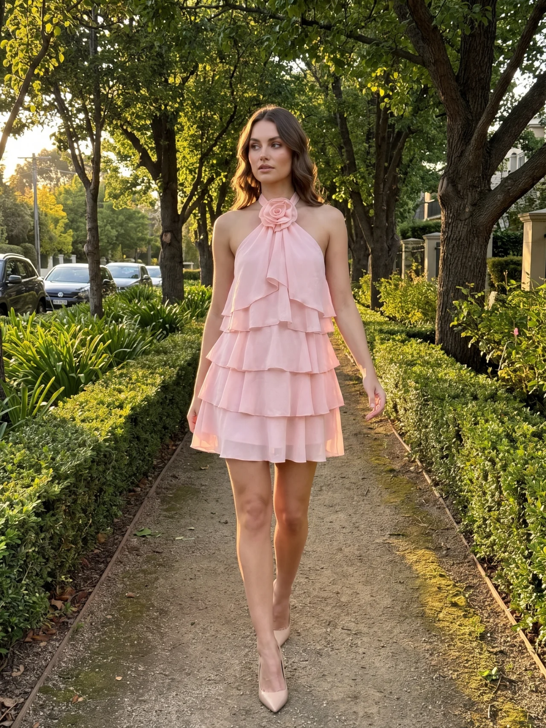Clementine | Halter Rosette Ruffle Tiered Mini Dress