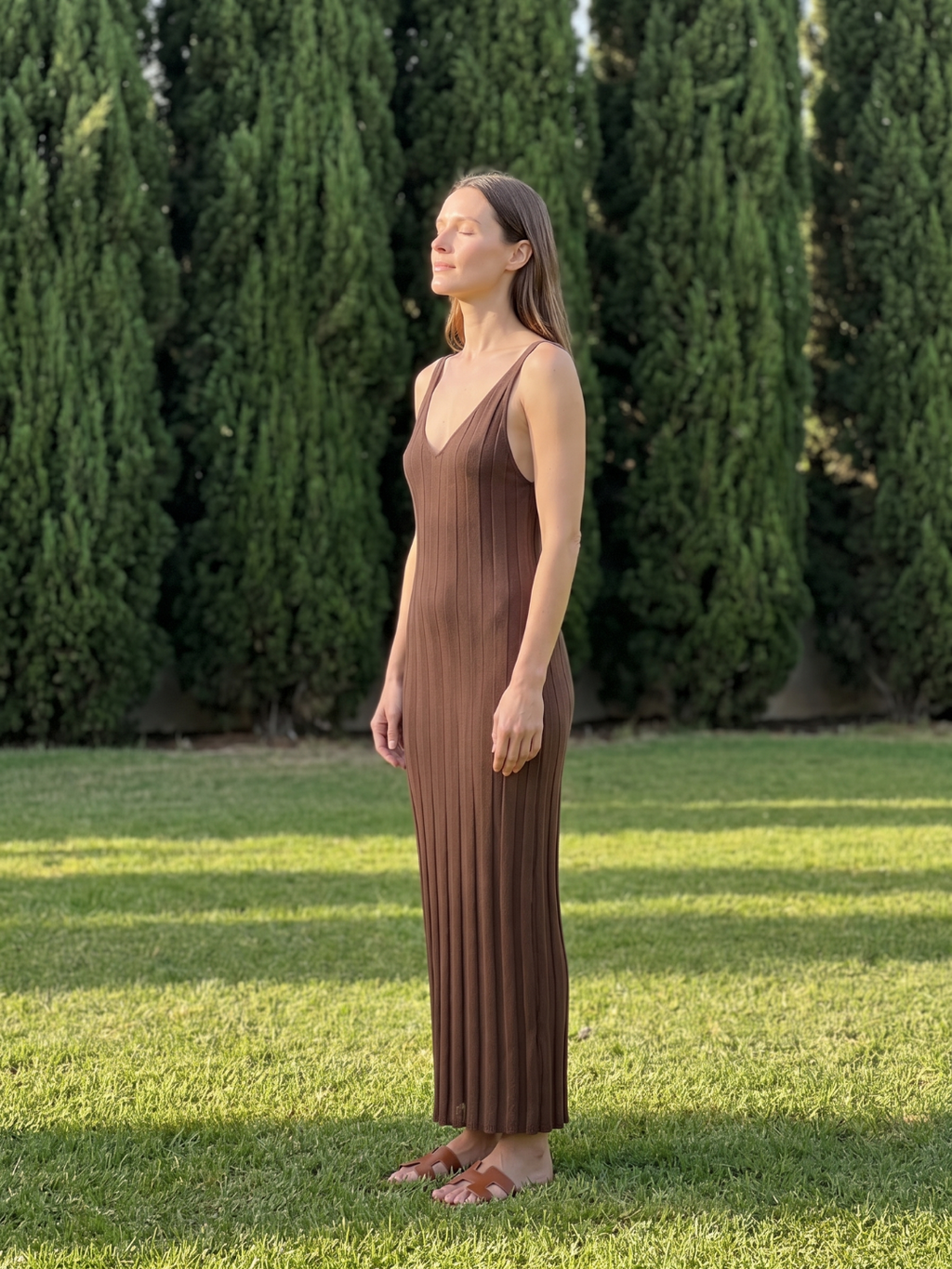 Romilly | Ribbed Knit V-Neck Scoop Back Maxi Dress