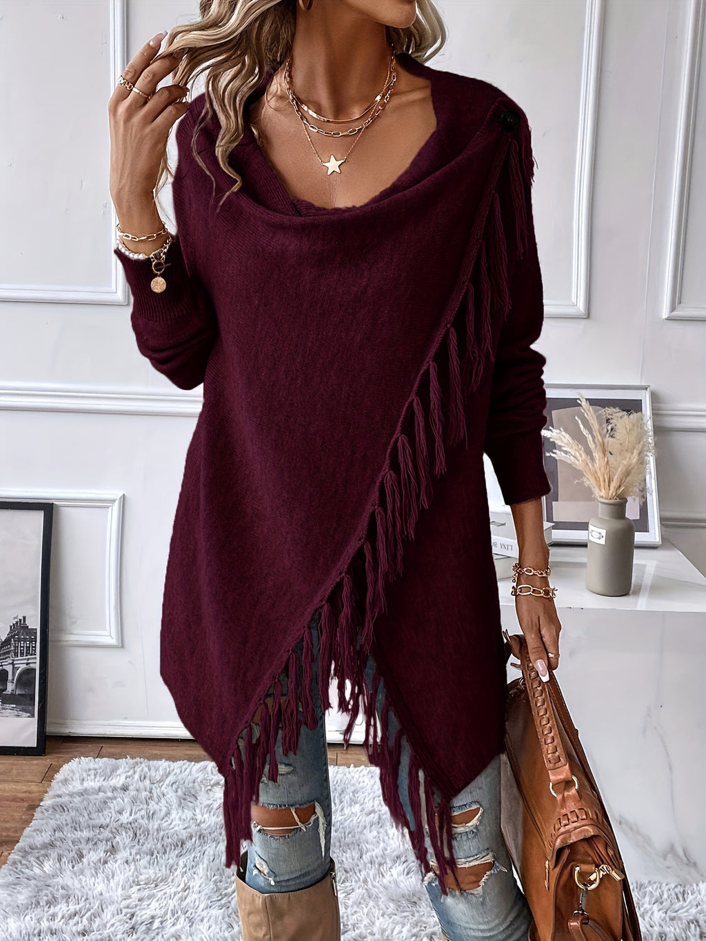 Seraphine | Fringed Draped Neck Shawl - view 8