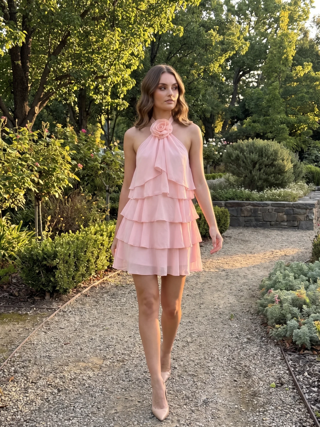 Clementine | Halter Rosette Ruffle Tiered Mini Dress