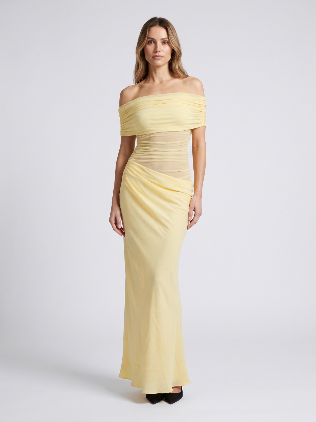 Ophelia | Off Shoulder Ruched Mesh Draped Maxi Dress