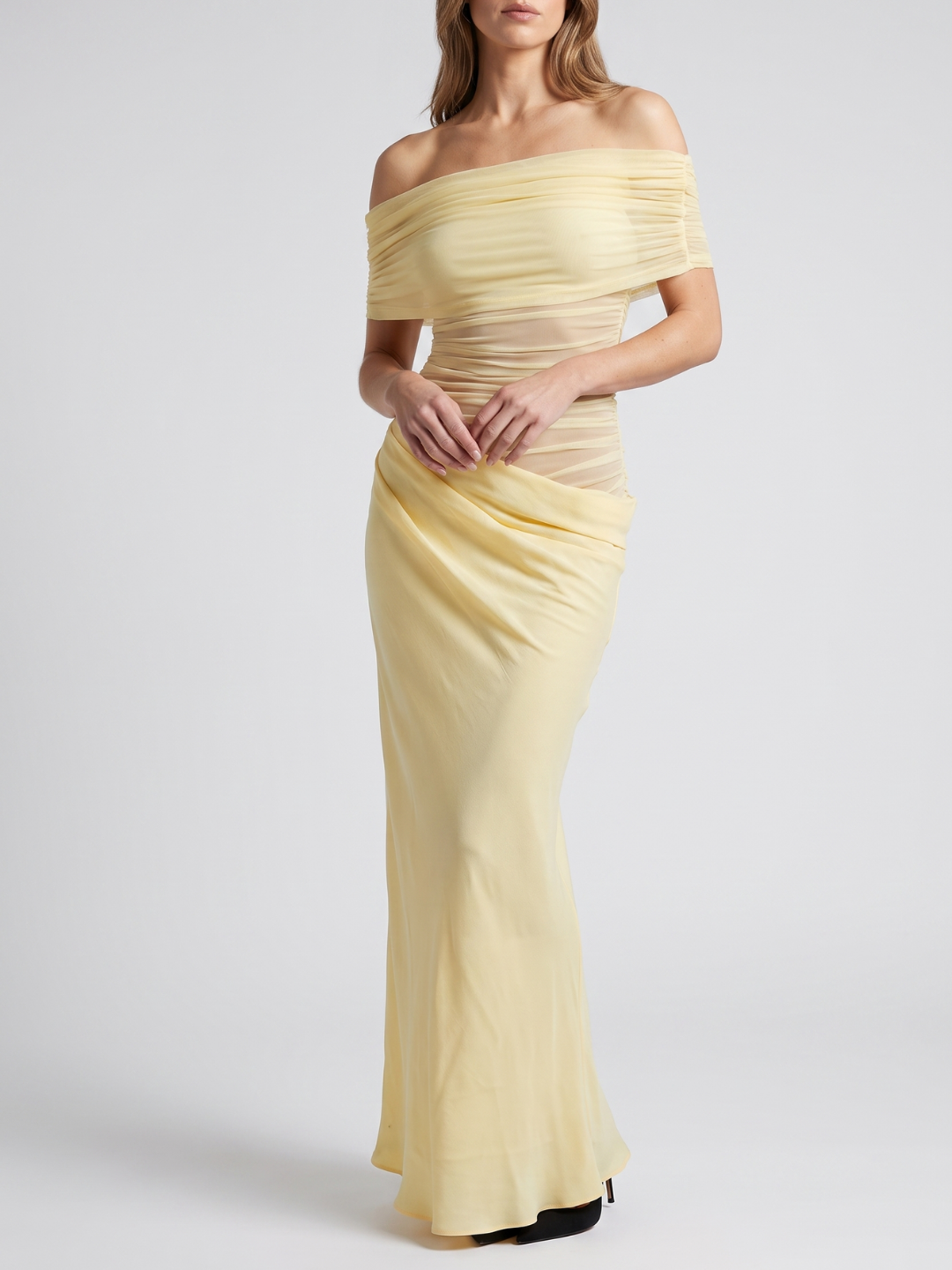 Ophelia | Off Shoulder Ruched Mesh Draped Maxi Dress