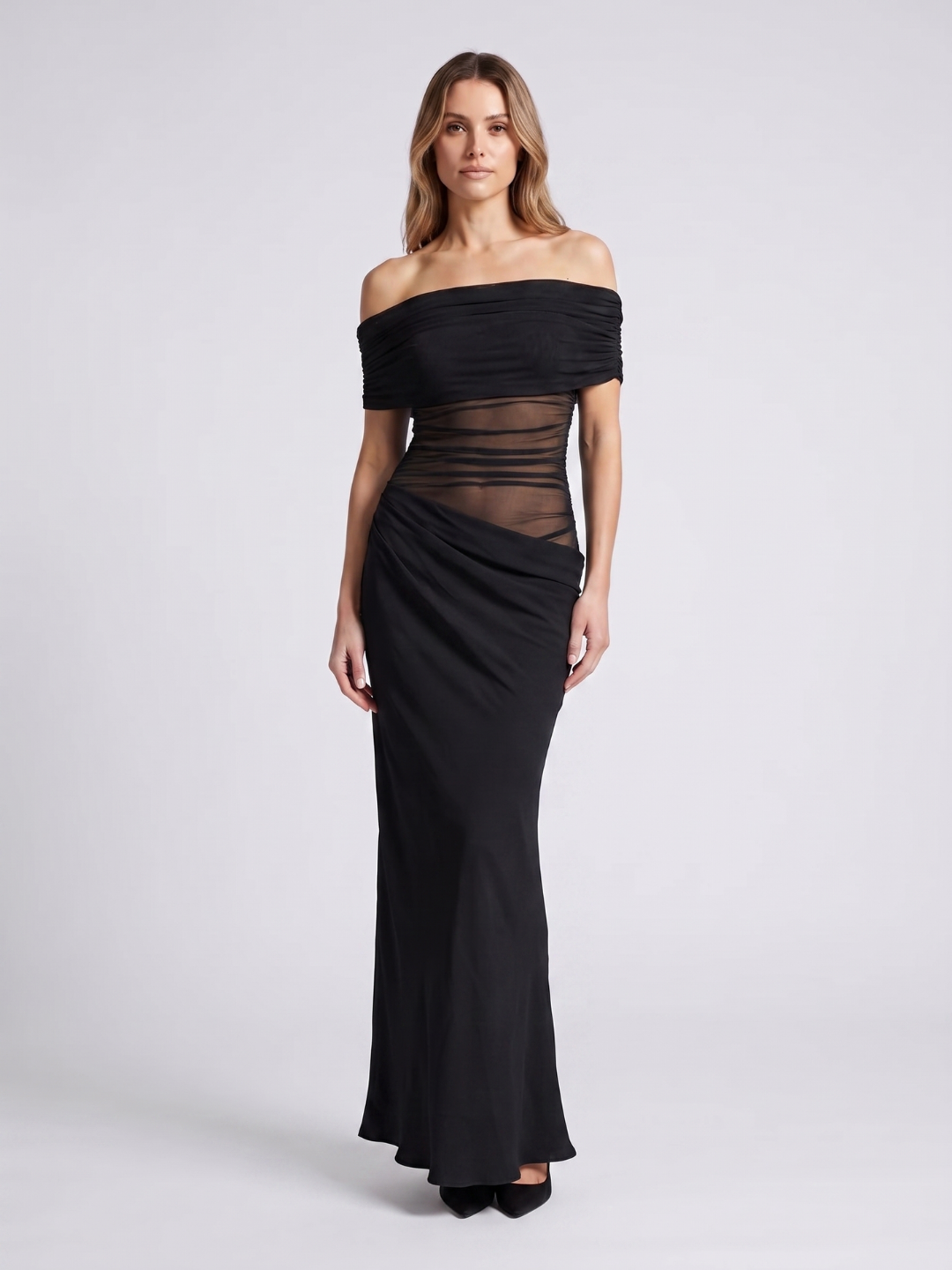Ophelia | Off Shoulder Ruched Mesh Draped Maxi Dress