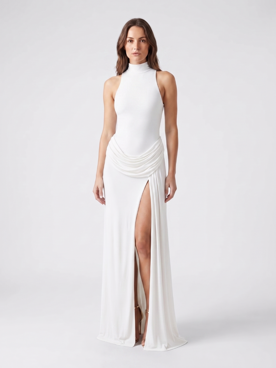 Maren | Mock Neck Draped Hip Slit Maxi Dress