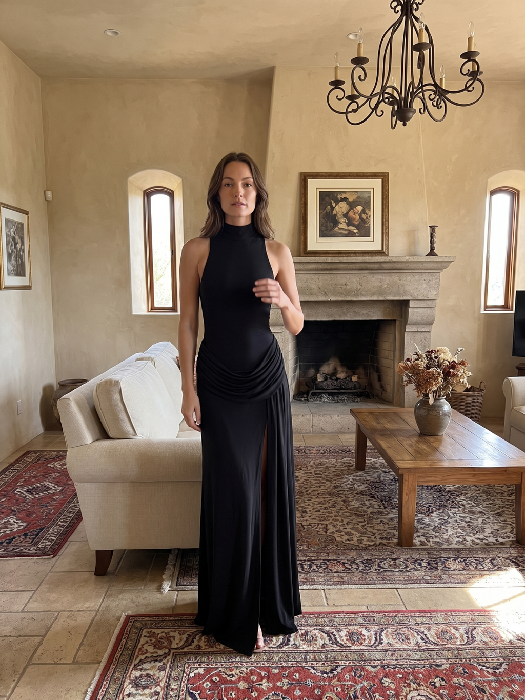 Maren | Mock Neck Draped Hip Slit Maxi Dress