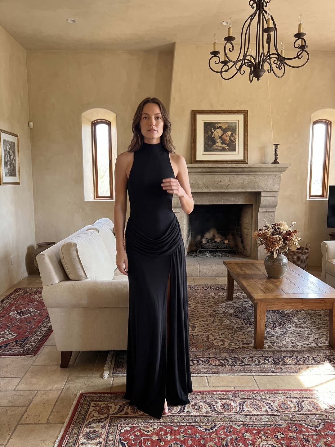 Maren | Mock Neck Draped Hip Slit Maxi Dress