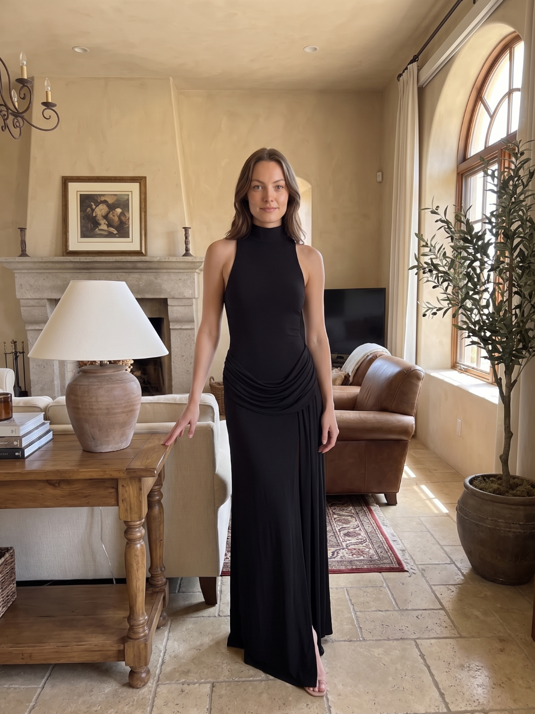 Maren | Mock Neck Draped Hip Slit Maxi Dress