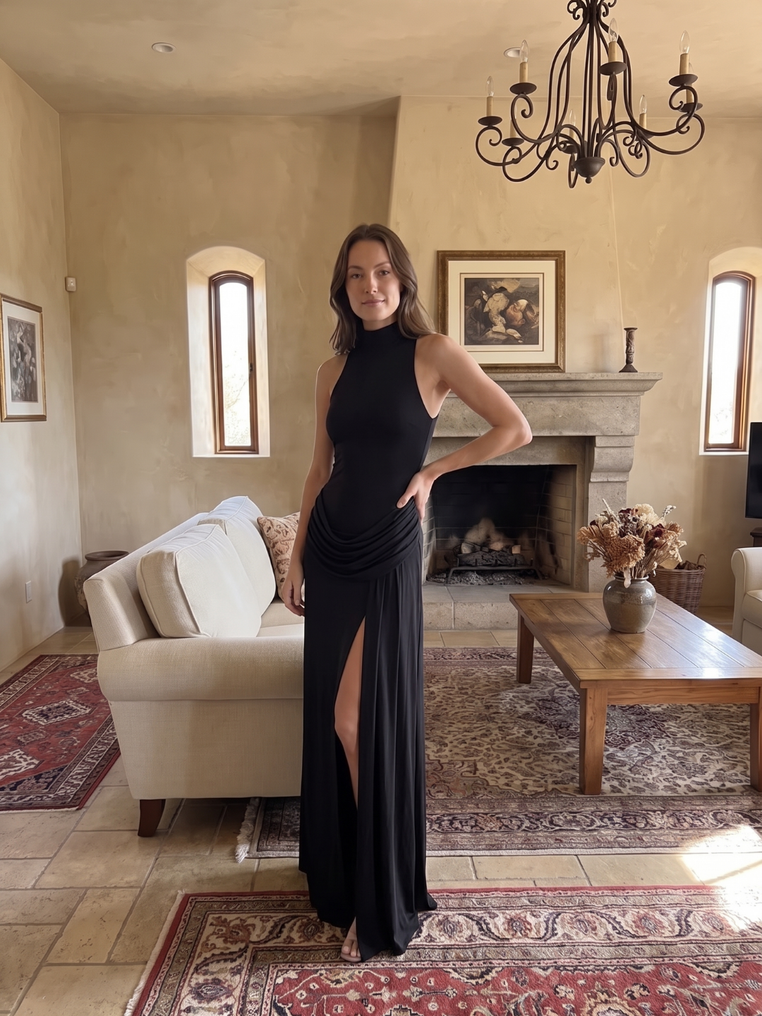 Maren | Mock Neck Draped Hip Slit Maxi Dress