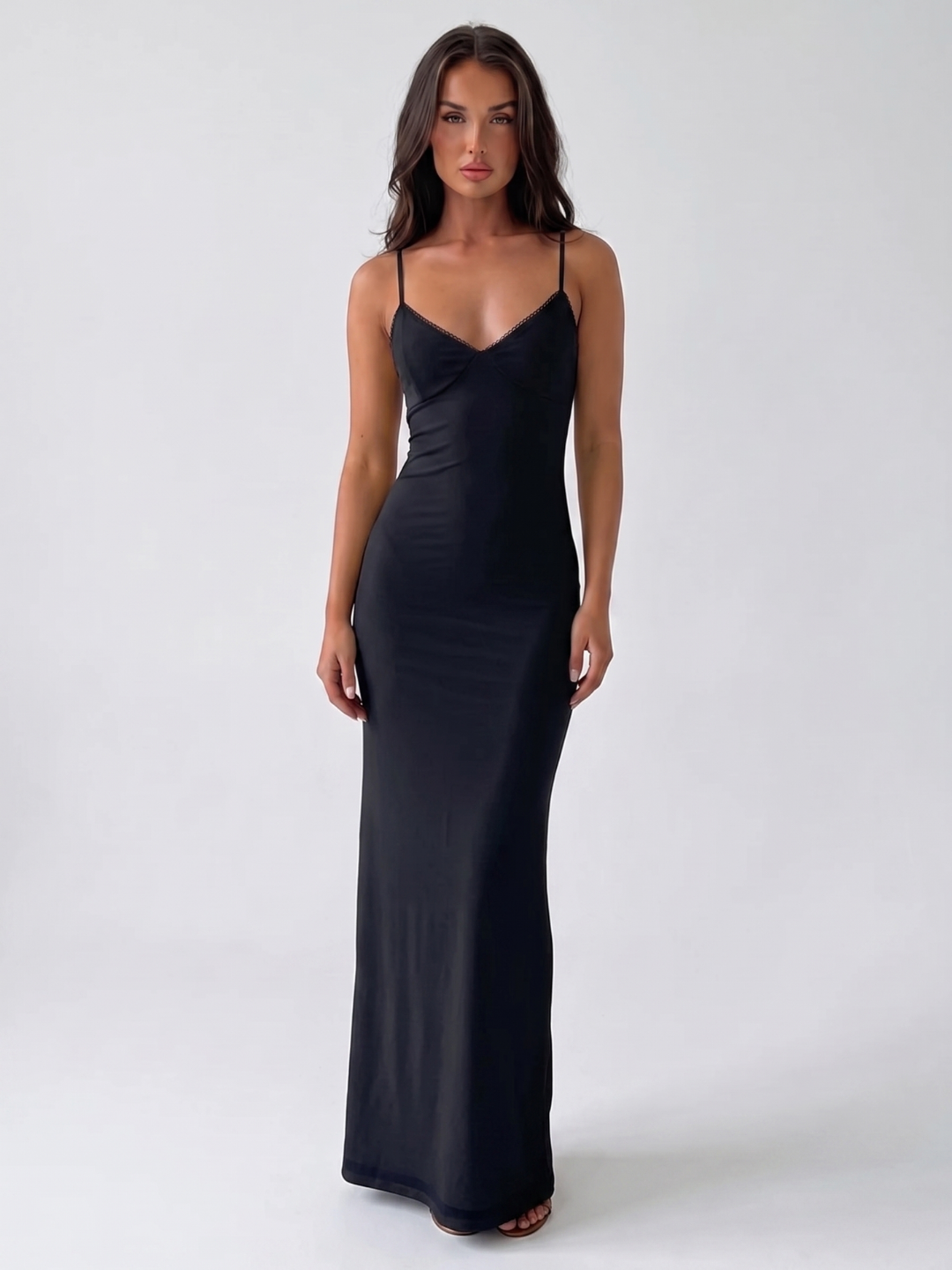 Lisette | V-Neck Picot Trim Slip Maxi Dress