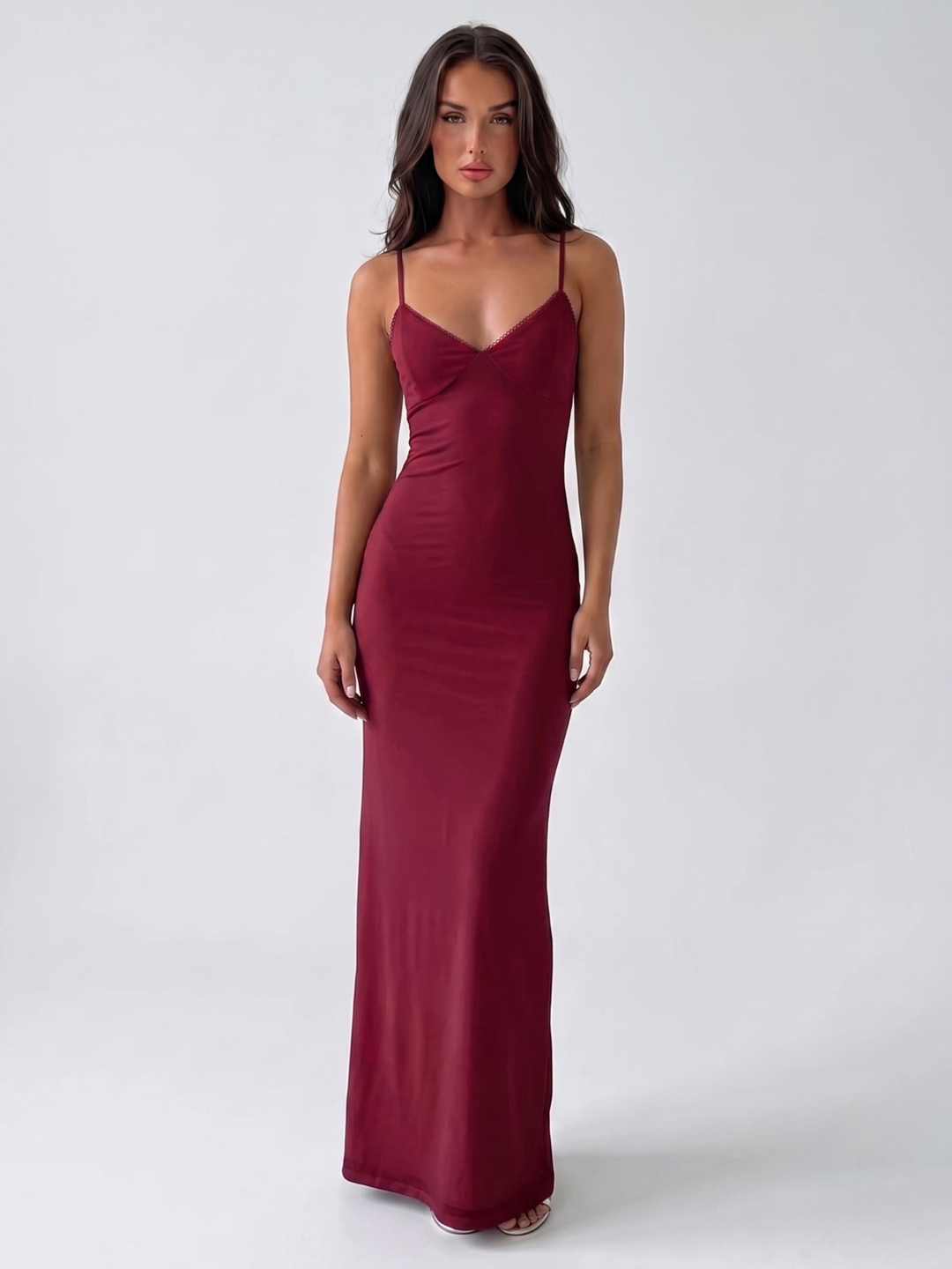 Lisette | V-Neck Picot Trim Slip Maxi Dress