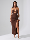 Zara | Halter Cutout Ruched Drawstring Slit Midi Dress