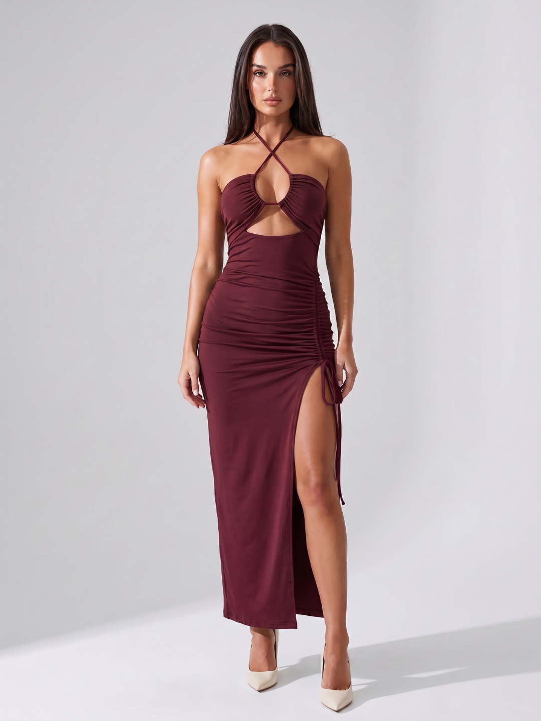Zara | Halter Cutout Ruched Drawstring Slit Midi Dress