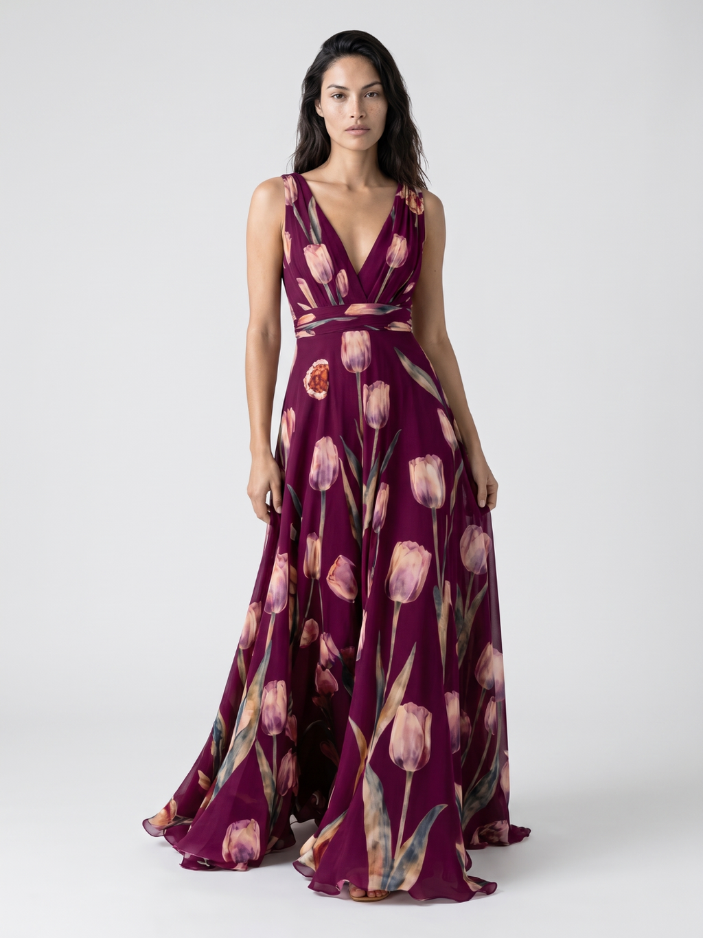 Verity | Tulip Print V-Neck Pleated Maxi Dress