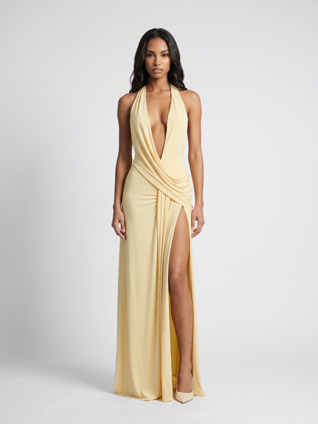Luna | Plunge Halter Twist Knot High Slit Maxi Dress