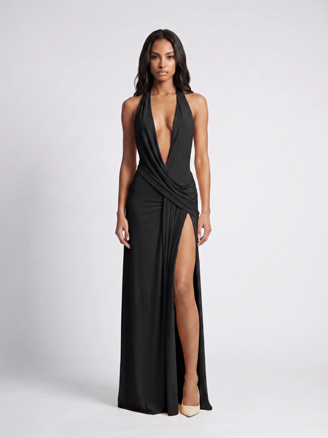 Luna | Plunge Halter Twist Knot High Slit Maxi Dress