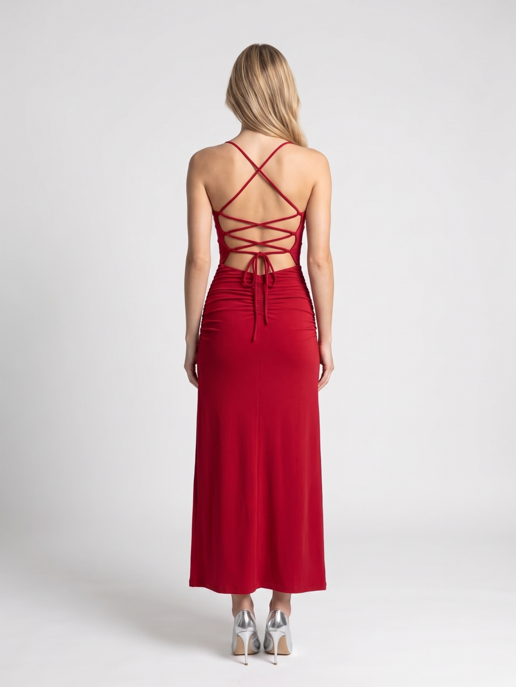 Estella | Lace-Up Back Thigh Slit Slip Maxi Dress