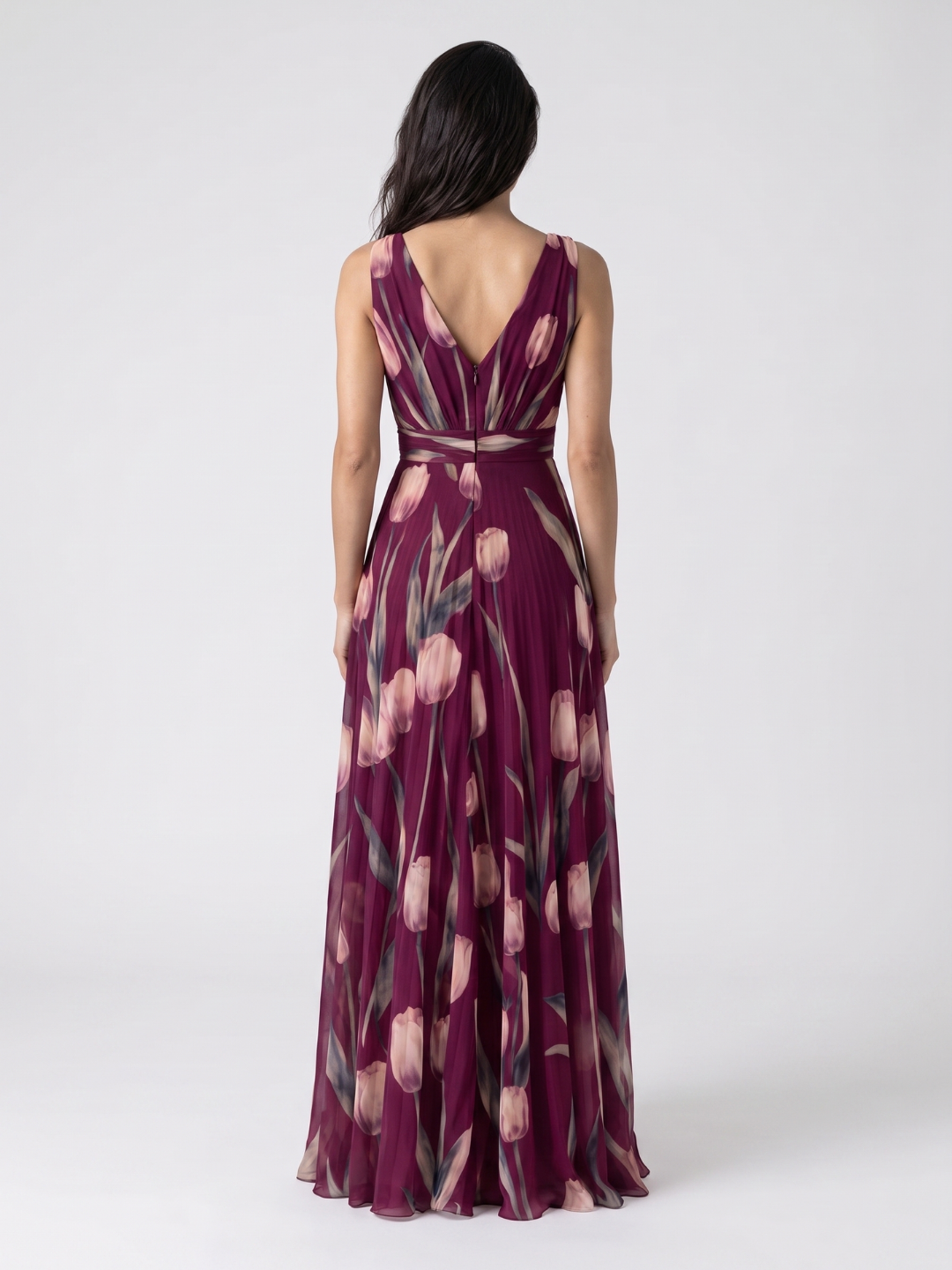 Verity | Tulip Print V-Neck Pleated Maxi Dress