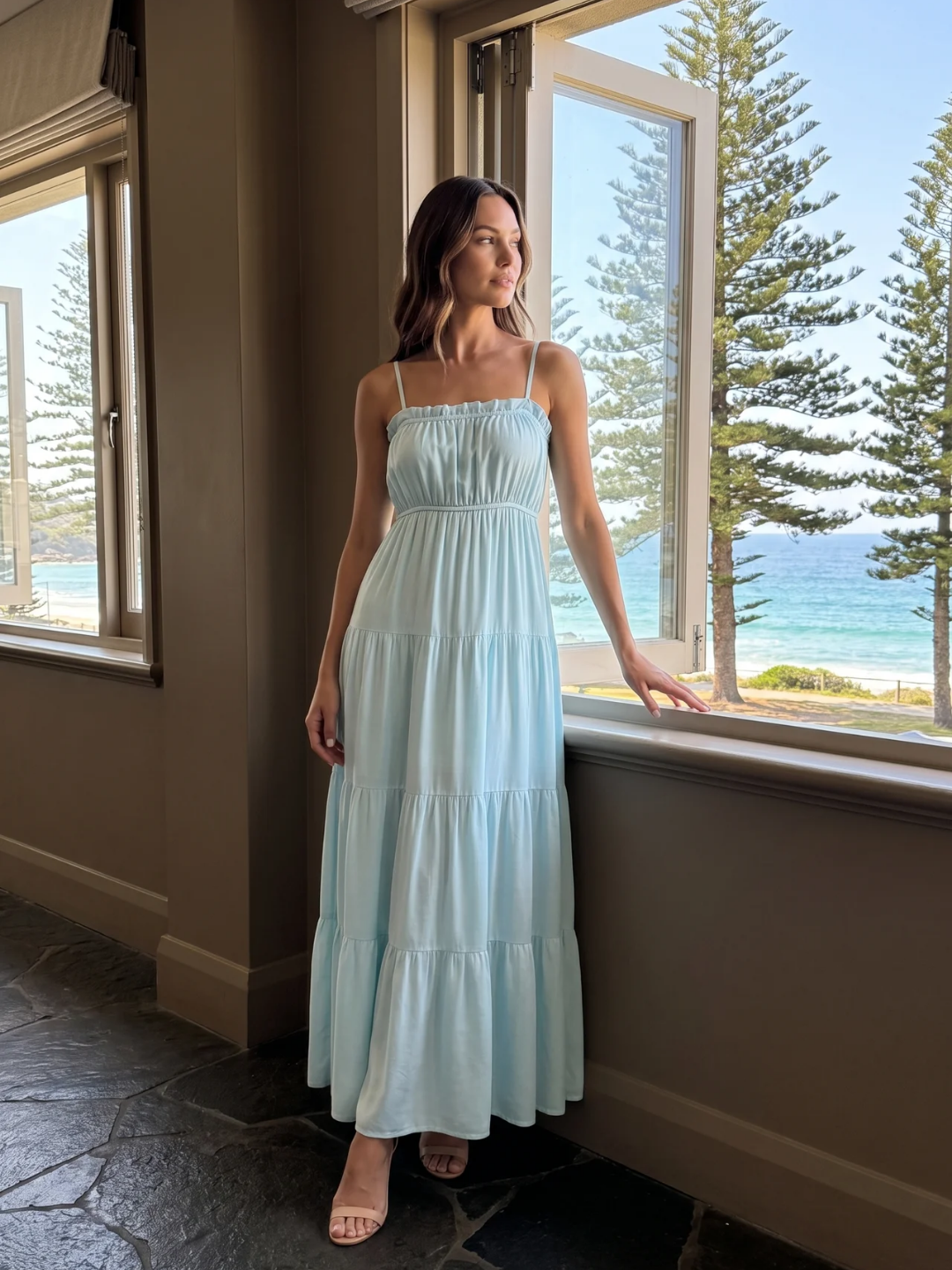 Fiorella | Frill Trim Cinched Waist Tiered Maxi Dress
