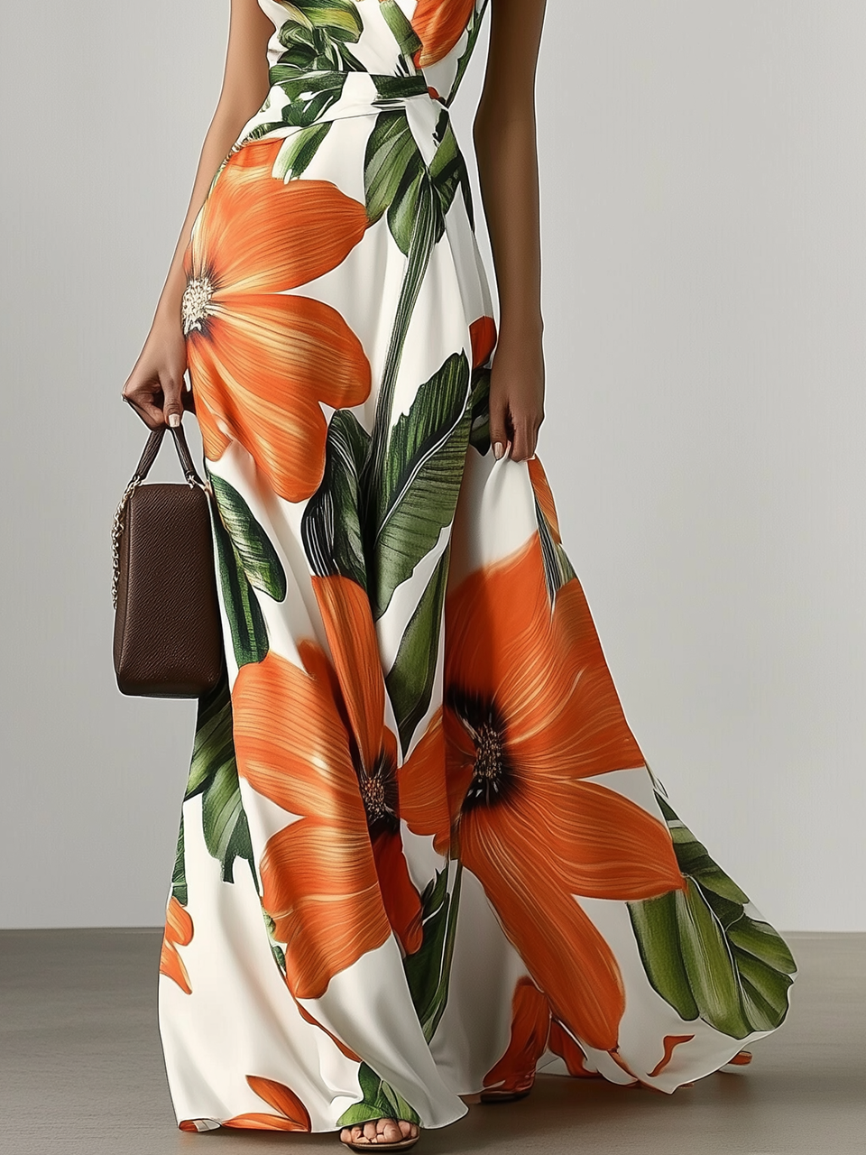 Yvonne Women's Floral Satin A-Line Maxi Dress with Pockets