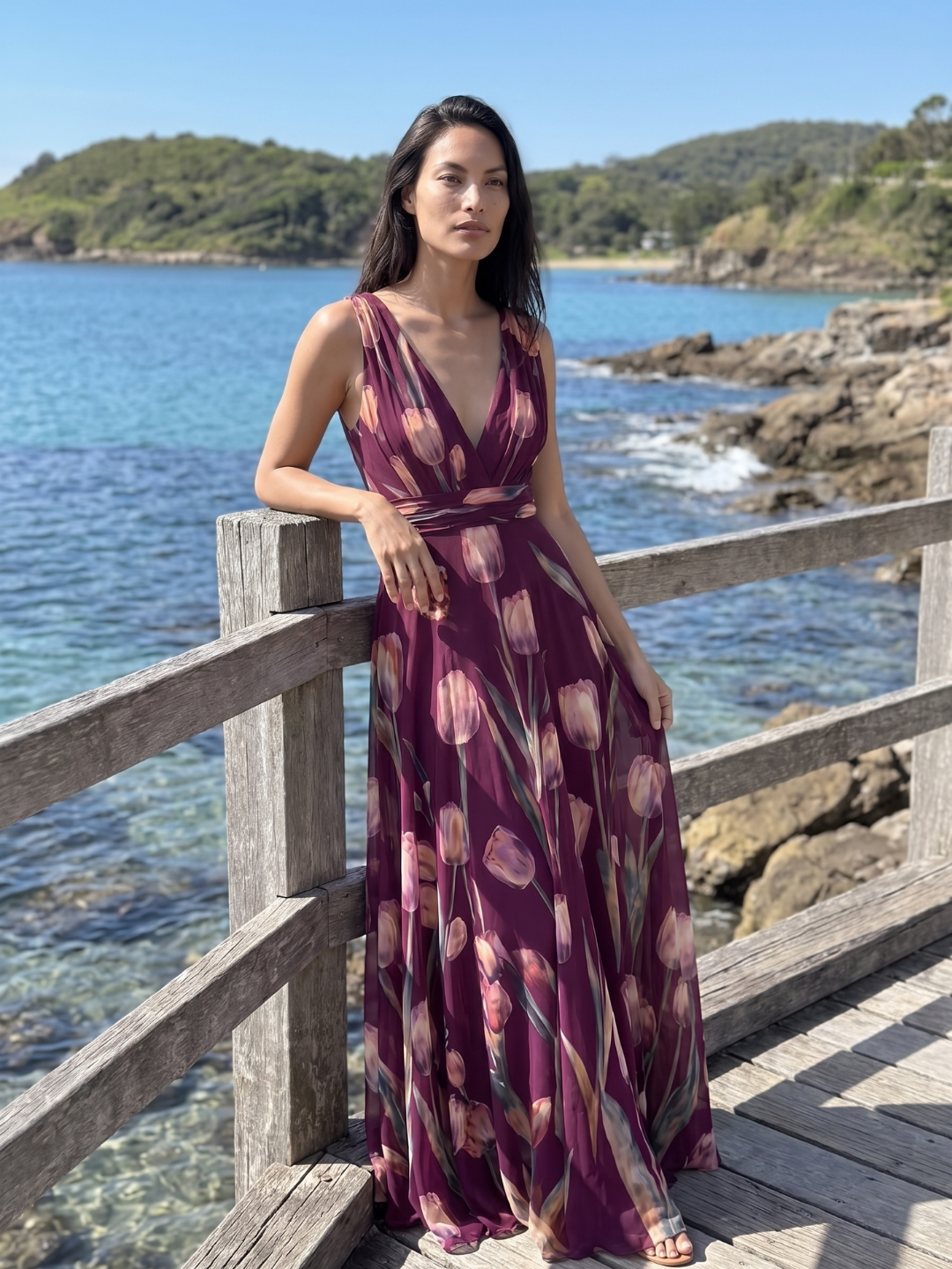 Verity | Tulip Print V-Neck Pleated Maxi Dress